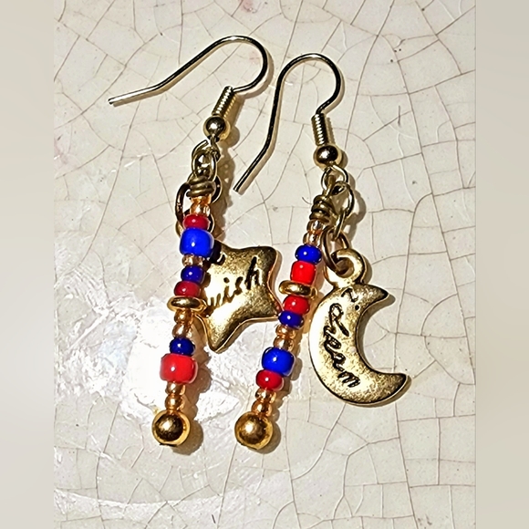 Celestial star and half moon Crescent beaded Dangle earrings - Picture 2 of 6